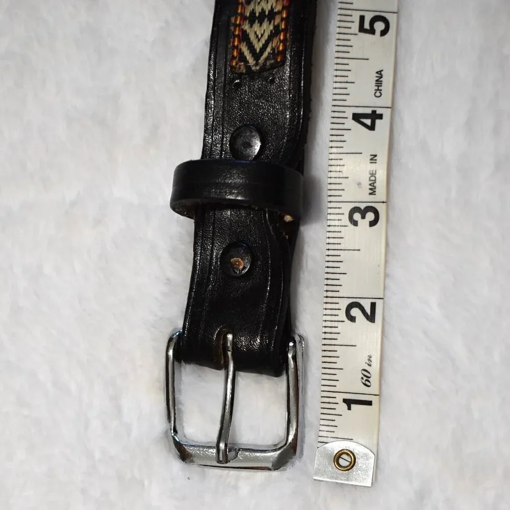 Western Black Leather Belt Sz 28 / 34 Aztec Rodeo Boho Cowboy Artisan